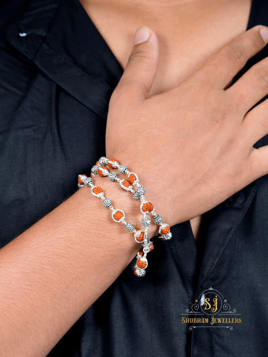 JewelYaari Rudraksha Capping Silver Mala for Men - Single Line, 925 Silver, 5 Mukhi, 27 Rudraksha Beads and 27 Silver Beads, 24 Inch