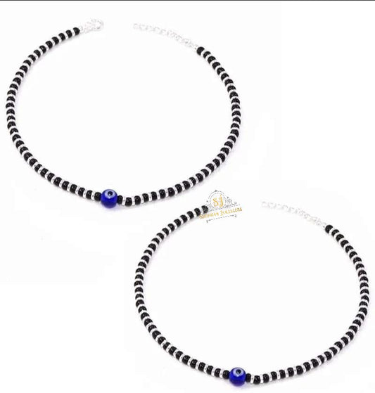 SJ SHUBHAM JEWELLERS™ Pure 925 Sterling Silver Small Crystal Beads Nazariya Anklet Payal for Women (Black) Gifts for Women (Pair/ 1 pc/Plain / 5 Ball Payal)