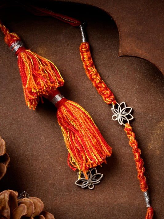 SJ SHUBHAM JEWELLERS 925 Sterling Silver Lotus Design Handmade Rakhi Set for Brother, Silver Rakhis, Raksha Bandhan Gift (Lumba Rakhi For Bhabhi)