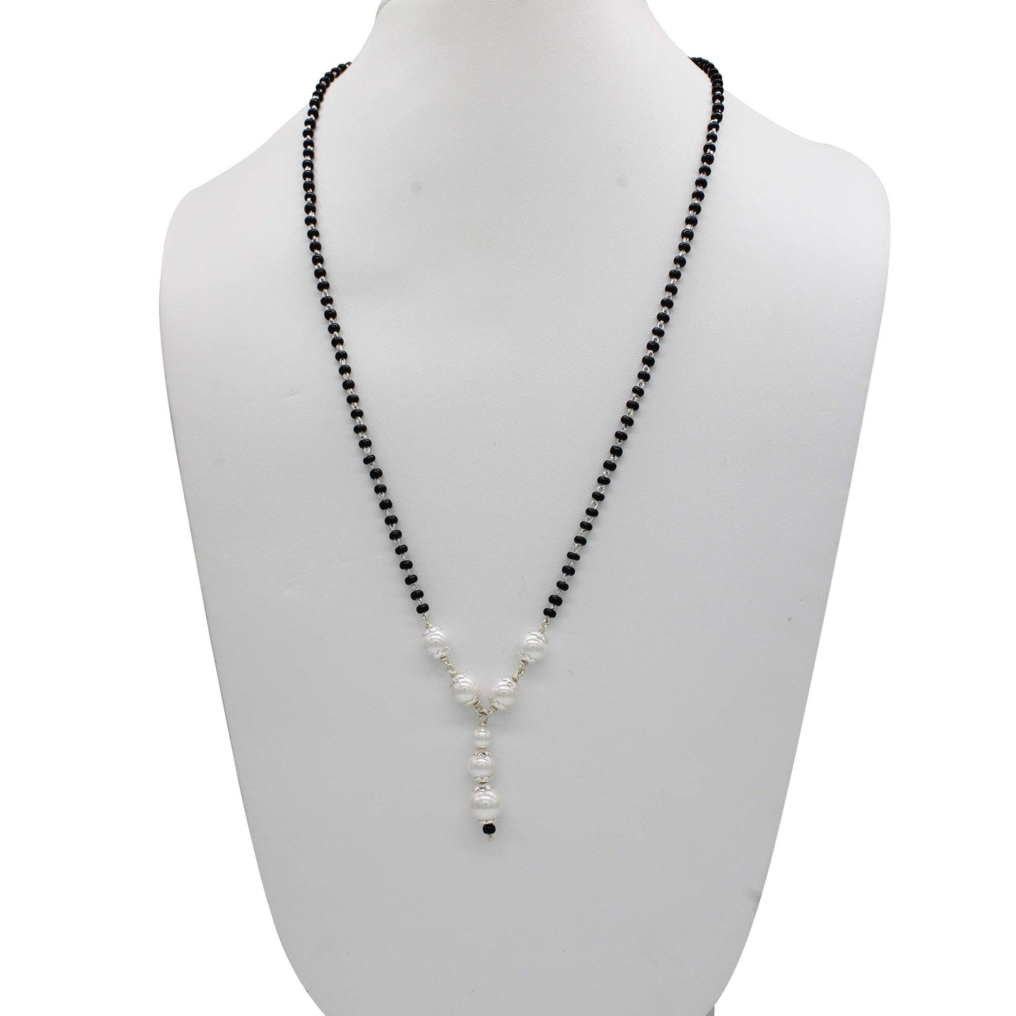SJ SHUBHAM JEWELLERS™ 925 Sterling Silver Mangalsutra with Pearl & Black Beeds Crystal Chain for Women Studded Mangalsutra Necklace - JewelYaari By Shubham Jewellers