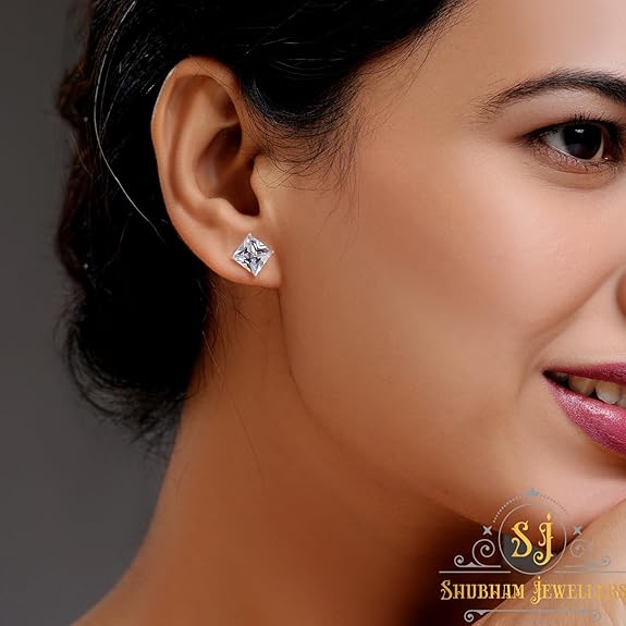 Shubham Jewellers Rehti 925-92.5 Sterling Silver Princess Cut Real Cubic Zirconia Fashion Stud Earrings For Men,Women,Children,Boys and Girls (8)