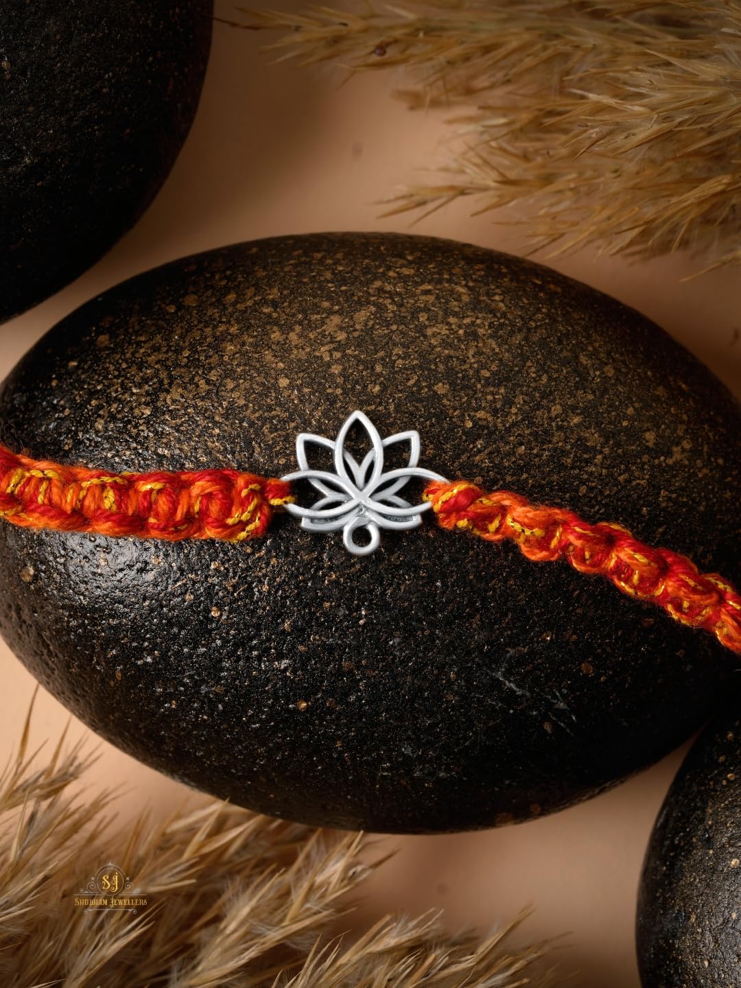 SJ SHUBHAM JEWELLERS 925 Sterling Silver Lotus Design Handmade Rakhi Set for Brother, Silver Rakhis, Raksha Bandhan Gift (Lumba Rakhi For Bhabhi)