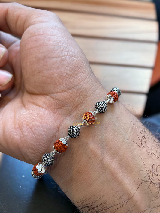 Silver Om Beads Rudraksha Bracelet 925 Sterling Silver Handmade Dual Wire Stylish Rudraksha Bracelet Silver Rakhi For Men (9 Silver Om and Ruraksha)