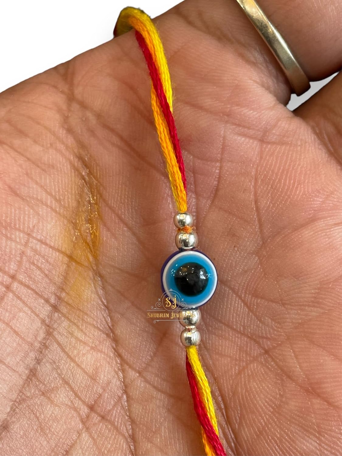 SJ SHUBHAM JEWELLERS™ 925 Sterling Silver Rakhi for brother Rudraksha Rakhi Bracelet Raksha Bandhan Pure Cotton For Men, Boys, Kids Rakhi With Roli Chawal (Evil Eye)