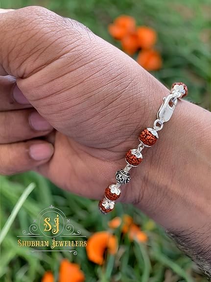 Silver Om Para Rudraksha Bracelet 925 Sterling Silver Handmade Dual Wire Stylish Rudraksha Bracelet Silver Rakhi For Men (6 Silver Om and Ruraksha)