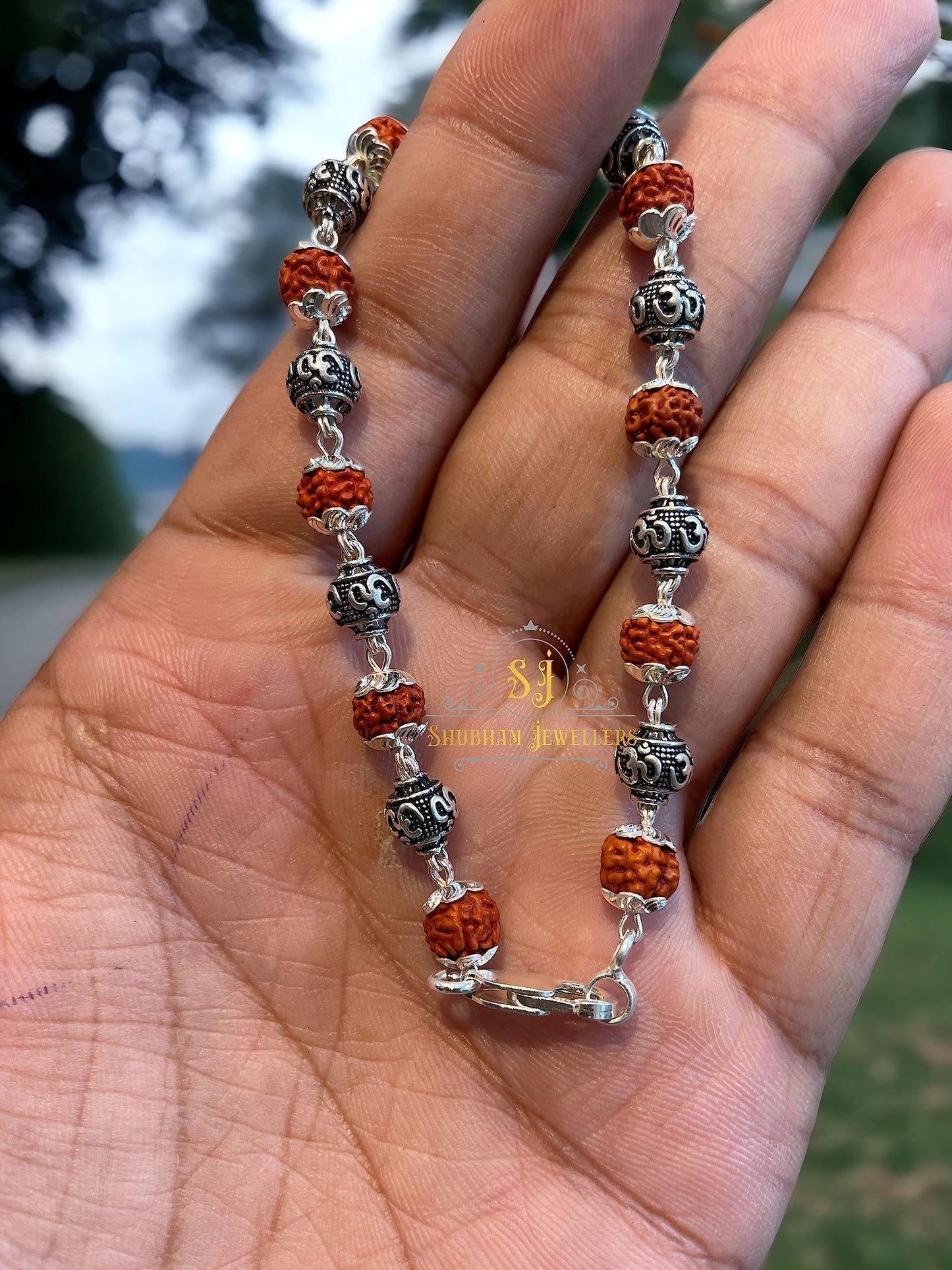 Silver Om Beads Rudraksha Bracelet 925 Sterling Silver Handmade Dual Wire Stylish Rudraksha Bracelet Silver Rakhi For Men (9 Silver Om and Ruraksha)