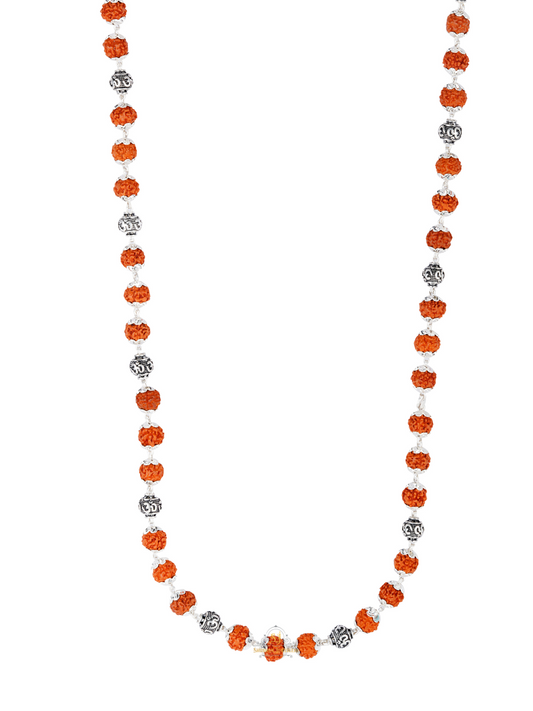 JewelYaari Rudraksha Capping Silver Mala for Men | 3 rudraksha and 1 Om combination 54 Sacred 5 Mukhi Rudraksha Beads | 925 Silver | Ideal for Meditation, Focus, and Spiritual Practices