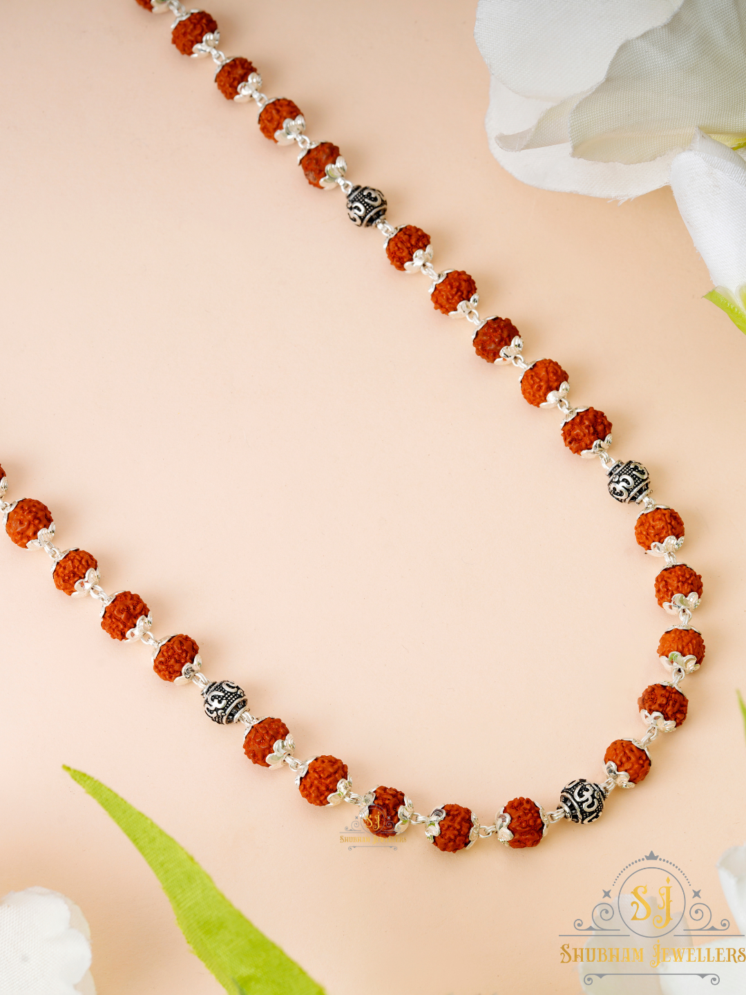 JewelYaari Rudraksha Capping Silver Mala for Men | 5 Rudraksha and 1 Om, 54 Sacred 5 Mukhi Rudraksha Beads | 925 Silver | Ideal for Meditation, Focus, and Spiritual Practices