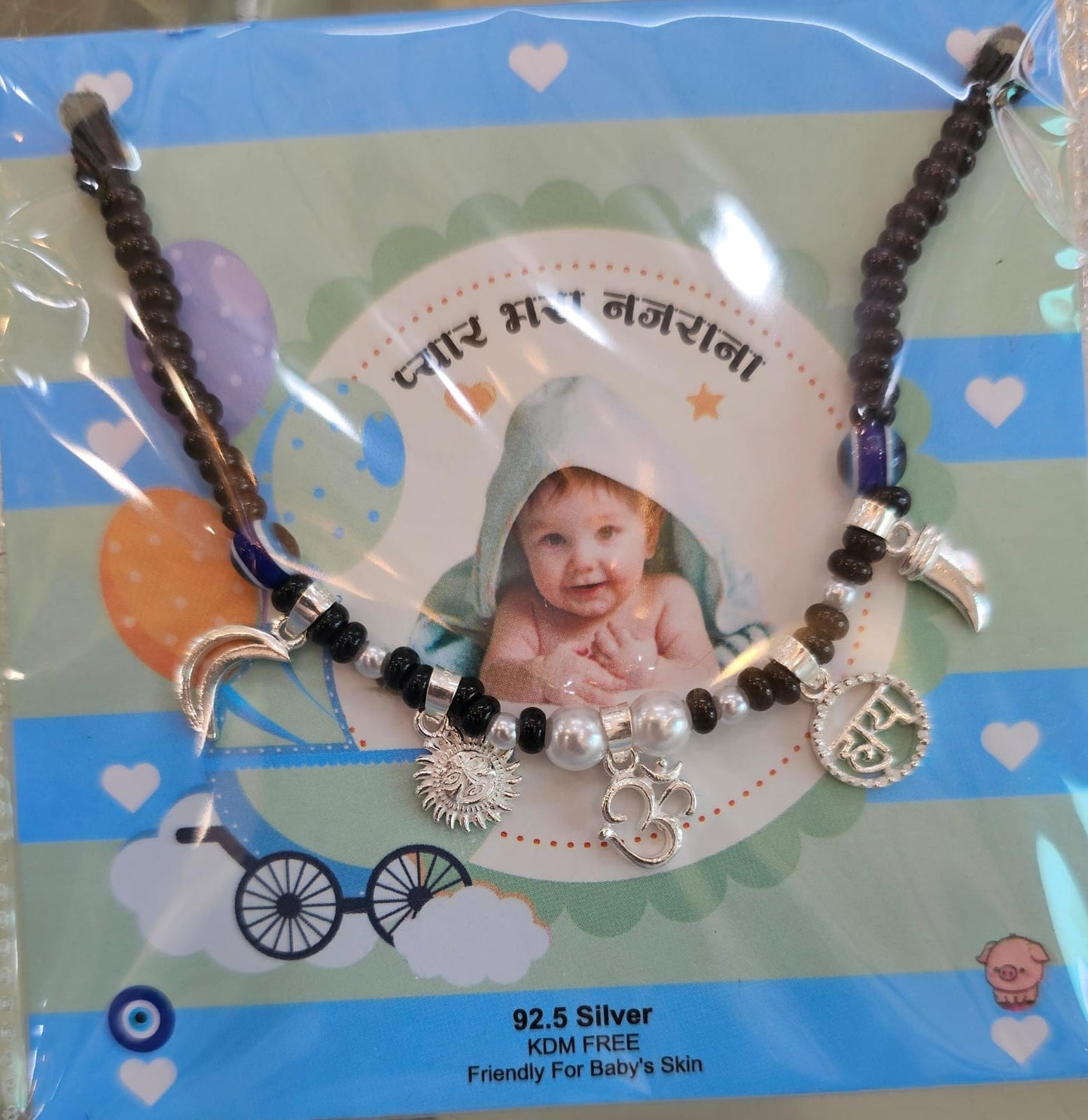 JewelYaari 925 Sterling Silver Chand Suraj Evil Eye Haay Om Kanthi | Skin-Friendly Nazariya Pendant for Infants to 3-Year-Old Kids | Unisex Baby Jewelry with Black Thread