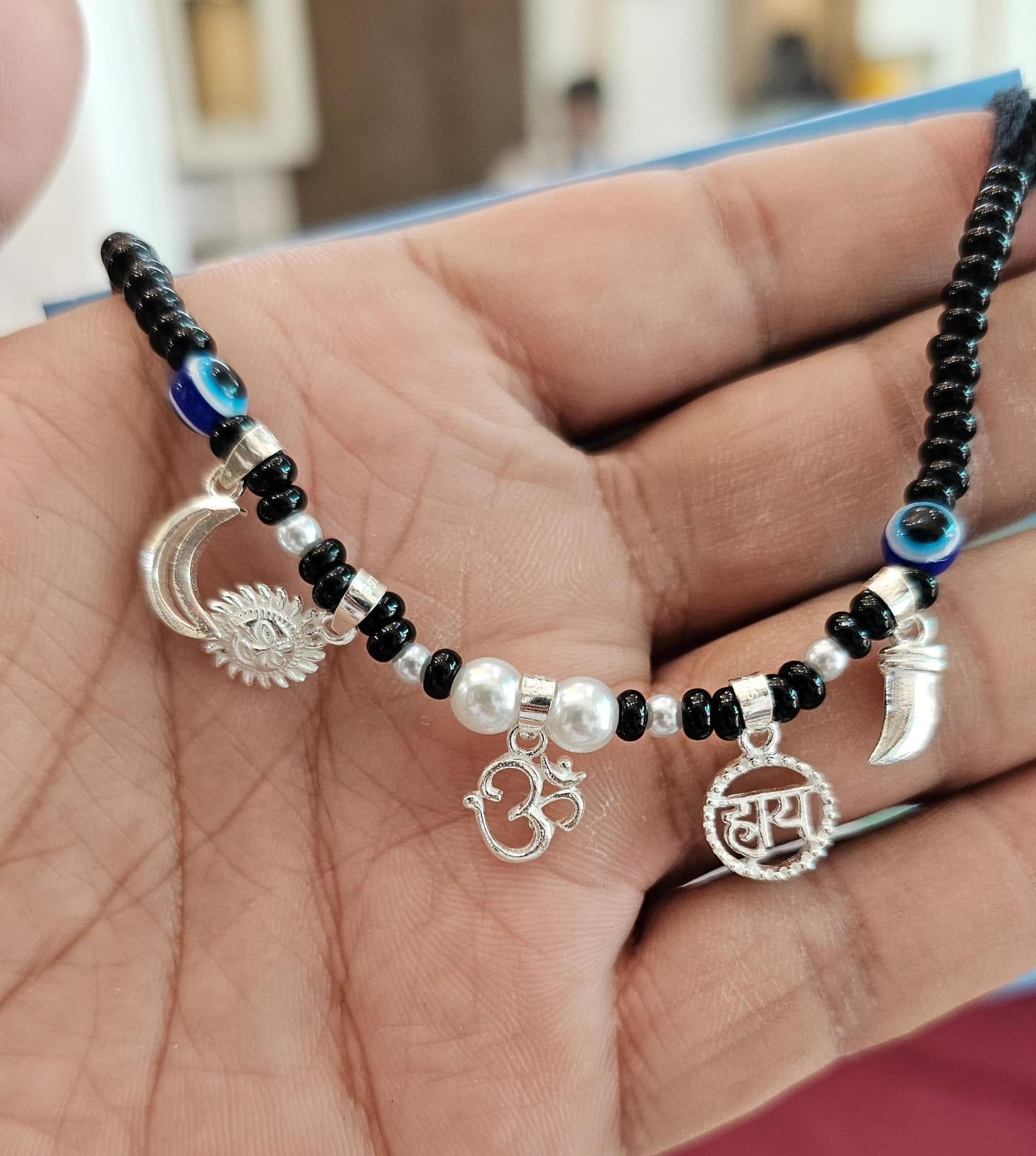 JewelYaari 925 Sterling Silver Chand Suraj Evil Eye Haay Om Kanthi | Skin-Friendly Nazariya Pendant for Infants to 3-Year-Old Kids | Unisex Baby Jewelry with Black Thread