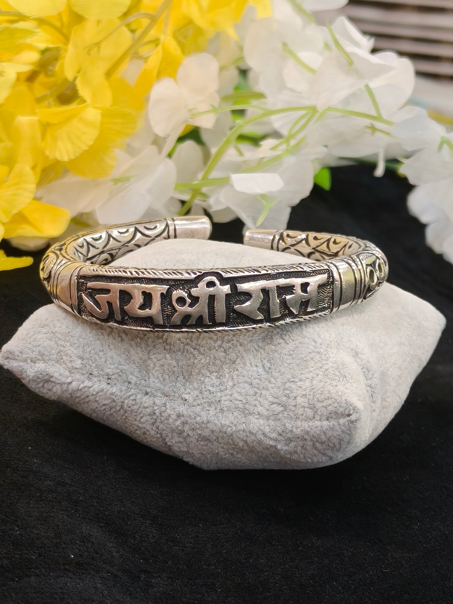 925 Pure Silver Oxidised Hollow Trishool Nakkashi Kada for Men & Boys with 5 Mukhi Rudraksha | 45gm Sterling Silver Hallmarked Kada