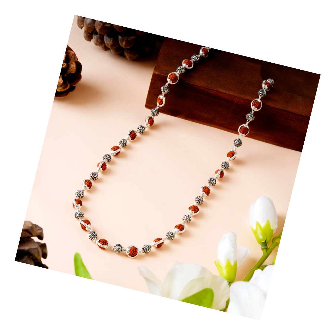 JewelYaari Rudraksha Capping Silver Mala for Men - Single Line, 925 Silver, 5 Mukhi, 27 Rudraksha Beads and 27 Silver Beads, 24 Inch