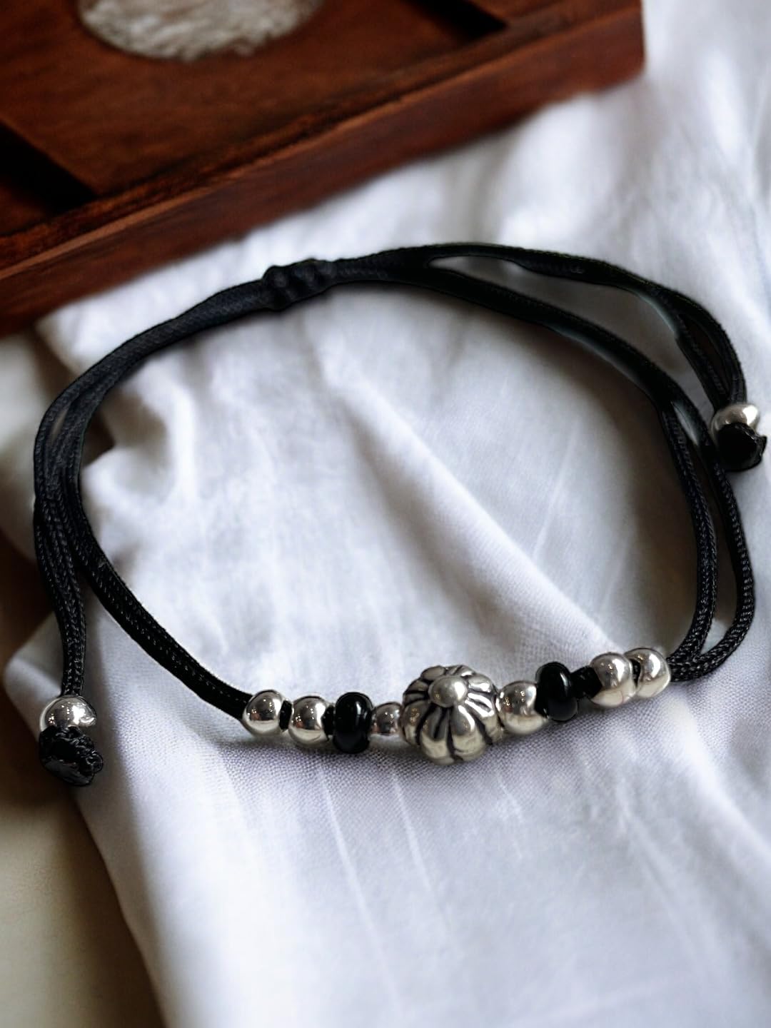 JEWELYAARI ⢠925 Oxidized Silver Black Cottan Thread Anklet Bracelet with Silver Ball for Girls and Women, Nazarbattu/Nazaiya Anklet Bracelet