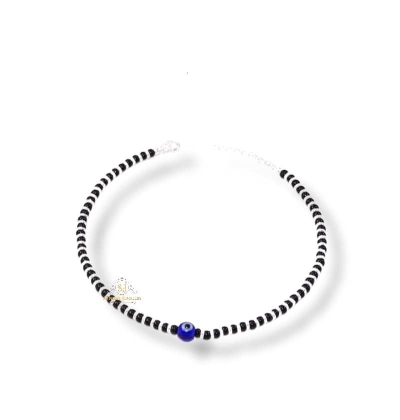 SJ SHUBHAM JEWELLERS™ Pure 925 Sterling Silver Small Crystal Beads Nazariya Anklet Payal for Women (Black) Gifts for Women (Pair/ 1 pc/Plain / 5 Ball Payal)