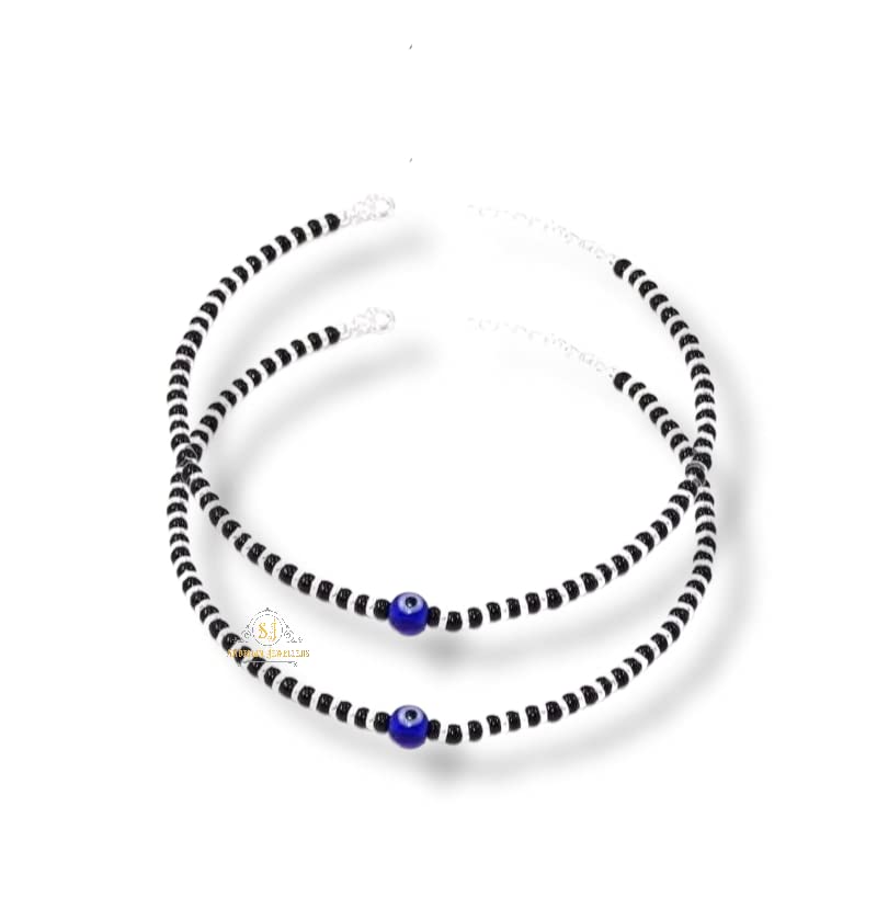 SJ SHUBHAM JEWELLERS™ Pure 925 Sterling Silver Small Crystal Beads Nazariya Anklet Payal for Women (Black) Gifts for Women (Pair/ 1 pc/Plain / 5 Ball Payal)
