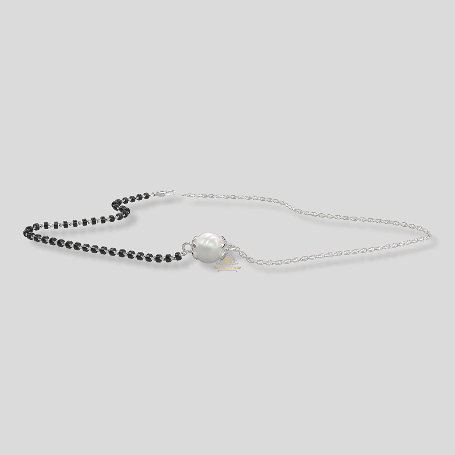 SJ SHUBHAM JEWELLERS™ 925 Sterling Silver Mangalsutra with Pearl & Black Beeds Crystal Chain for Women Studded Mangalsutra Necklace - JewelYaari By Shubham Jewellers