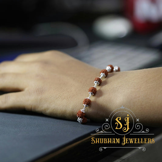 SJ SHUBHAM JEWELLERS™ 925 Sterling Silver Handmade Dual Wire Stylish Rudraksha Bracelet Silver Rakhi For Men (Brown, 6 Mm Natural Beads) - JewelYaari By Shubham Jewellers