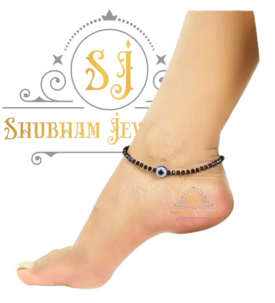 SJ SHUBHAM JEWELLERS™ Pure 925 Sterling Silver Small Crystal Beads Nazariya Anklet Payal for Women (Black) Gifts for Women (Pair/ 1 pc/Plain / 5 Ball Payal)