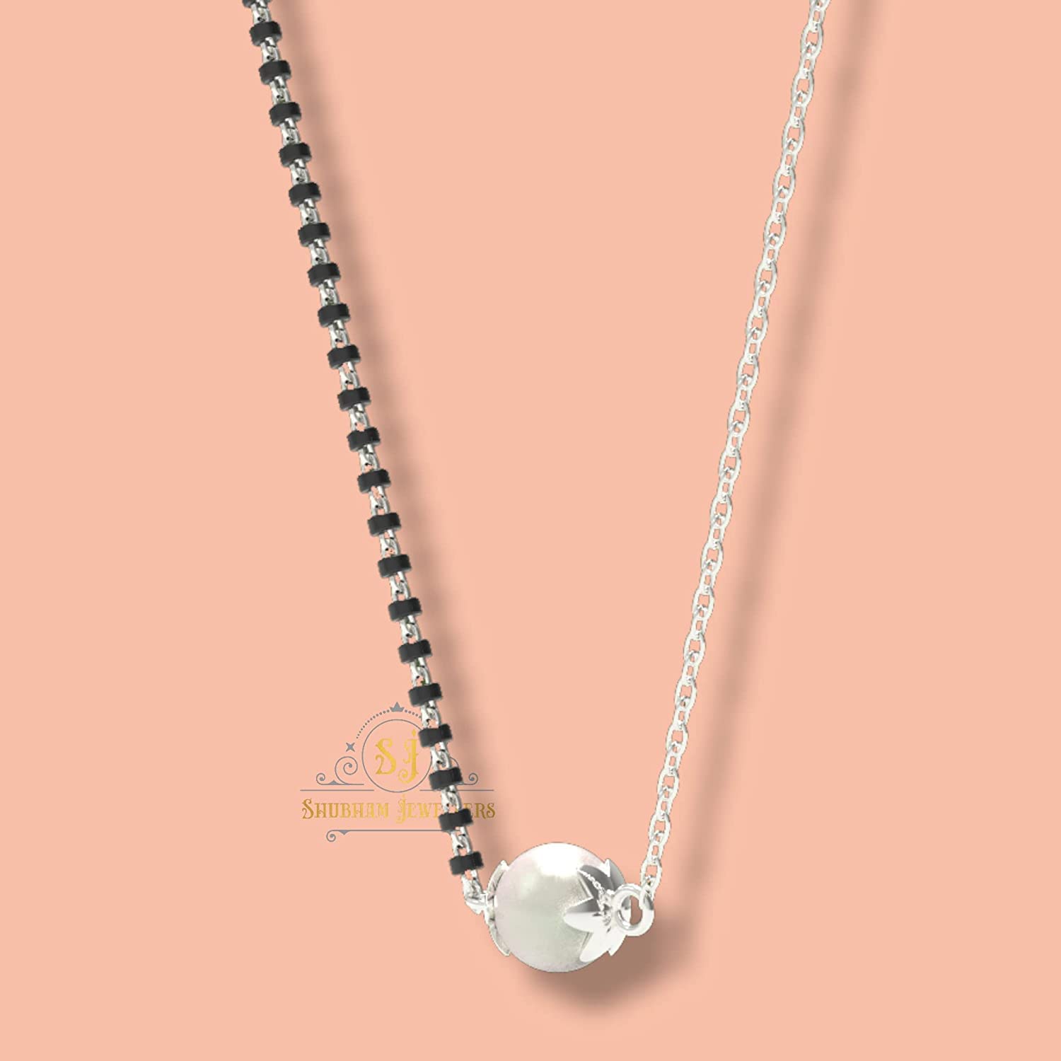 SJ SHUBHAM JEWELLERS™ 925 Sterling Silver Mangalsutra with Pearl & Black Beeds Crystal Chain for Women Studded Mangalsutra Necklace - JewelYaari By Shubham Jewellers