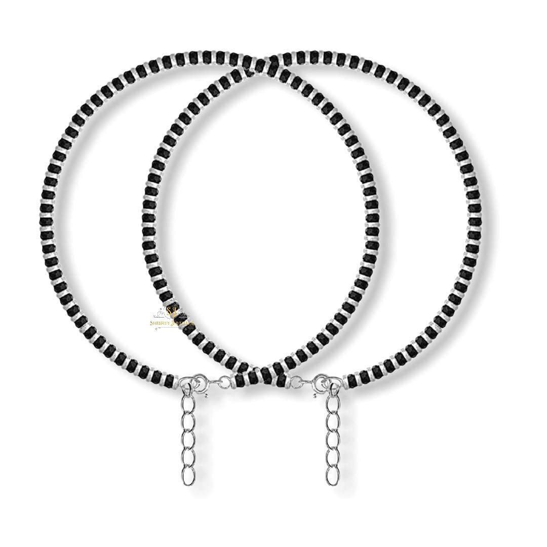 SJ SHUBHAM JEWELLERS™ Pure 925 Sterling Silver Small Crystal Beads Nazariya Anklet Payal for Women (Black) Gifts for Women (Pair/ 1 pc/Plain / 5 Ball Payal)