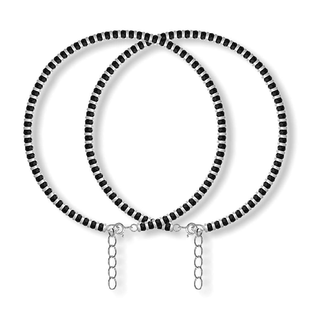 SJ SHUBHAM JEWELLERS™ Pure 925 Sterling Silver Small Crystal Beads Nazariya Anklet Payal for Women (Black) Gifts for Women (Pair/ 1 pc/Plain / 5 Ball Payal)