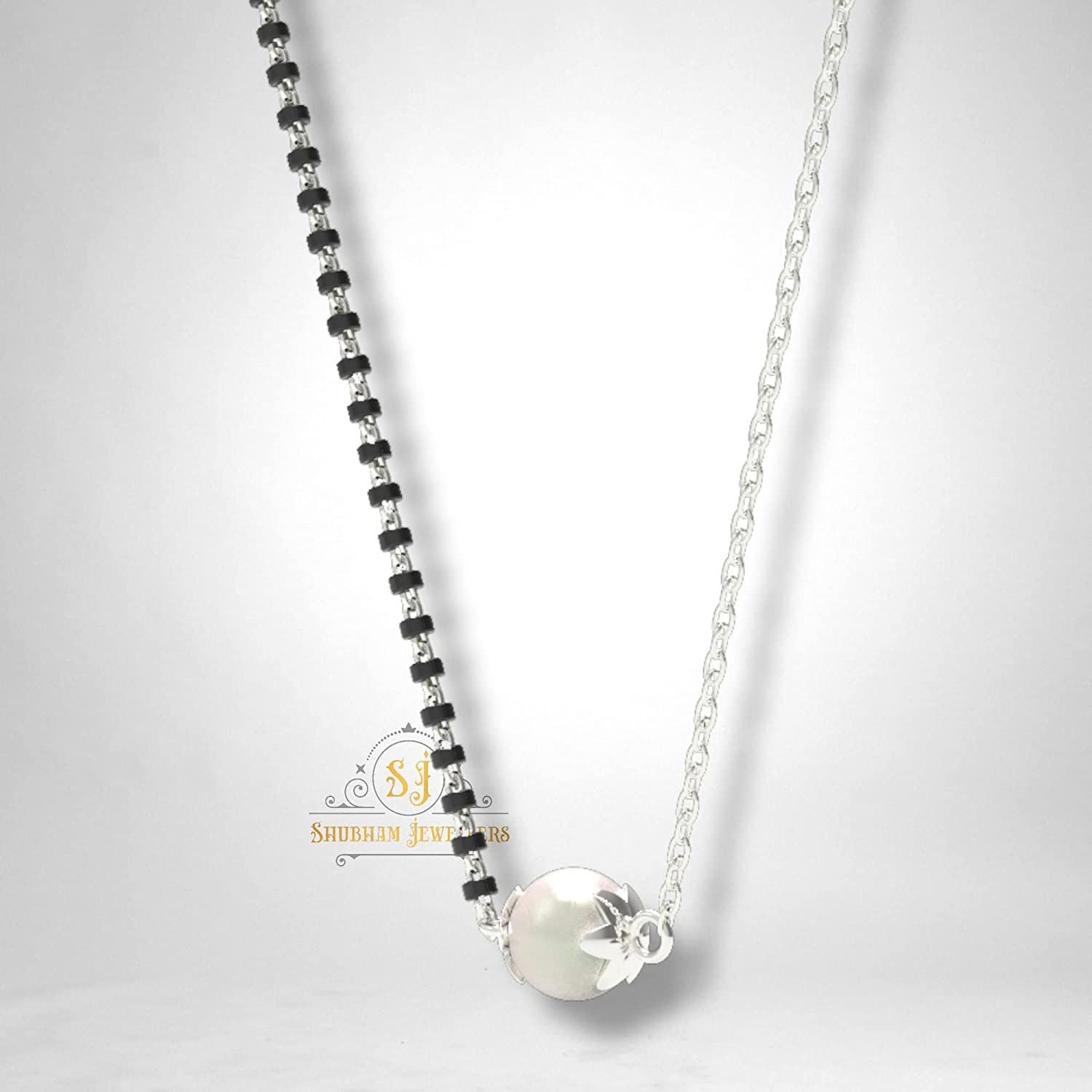 SJ SHUBHAM JEWELLERS™ 925 Sterling Silver Mangalsutra with Pearl & Black Beeds Crystal Chain for Women Studded Mangalsutra Necklace - JewelYaari By Shubham Jewellers