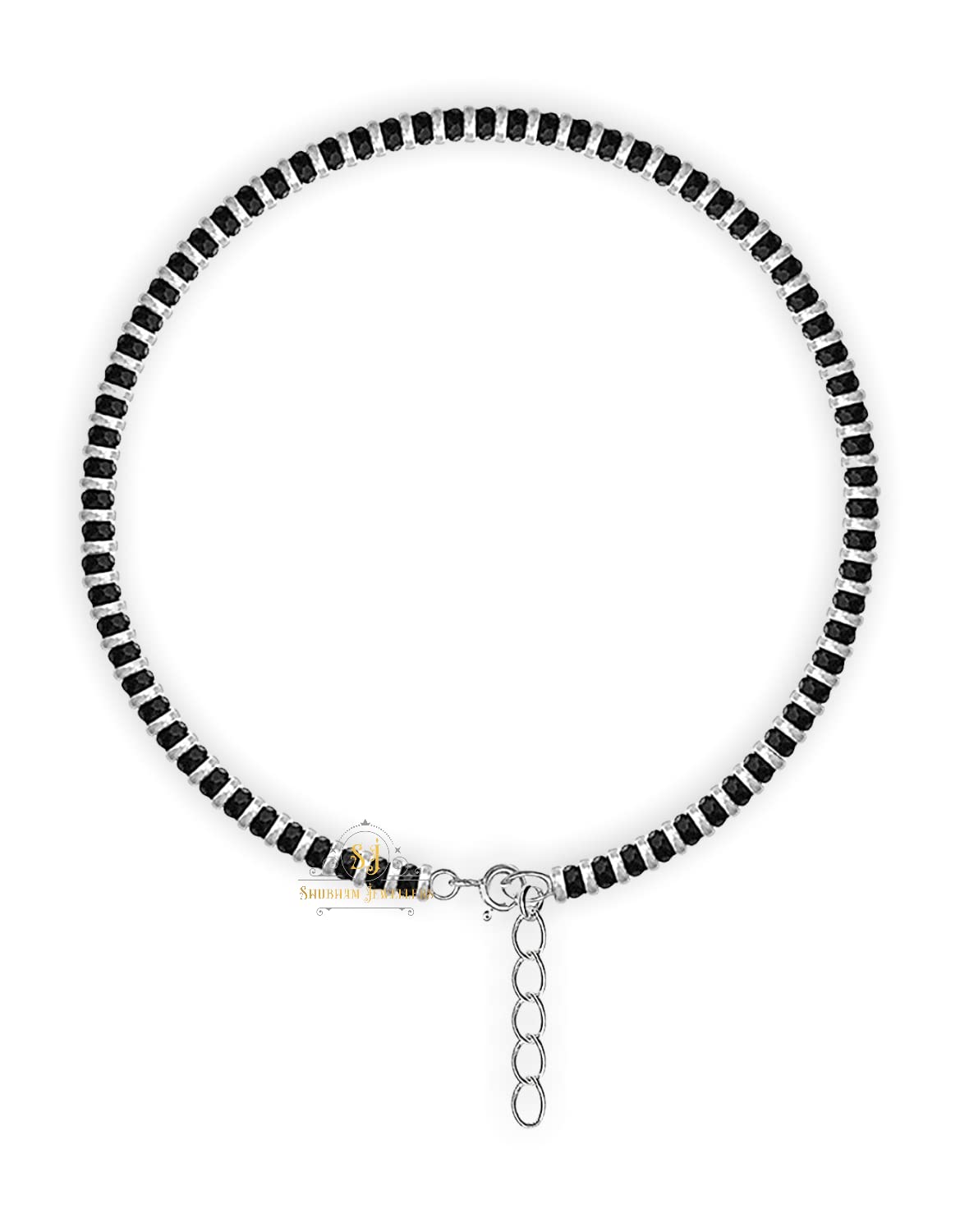 SJ SHUBHAM JEWELLERS™ Pure 925 Sterling Silver Small Crystal Beads Nazariya Anklet Payal for Women (Black) Gifts for Women (Pair/ 1 pc/Plain / 5 Ball Payal)