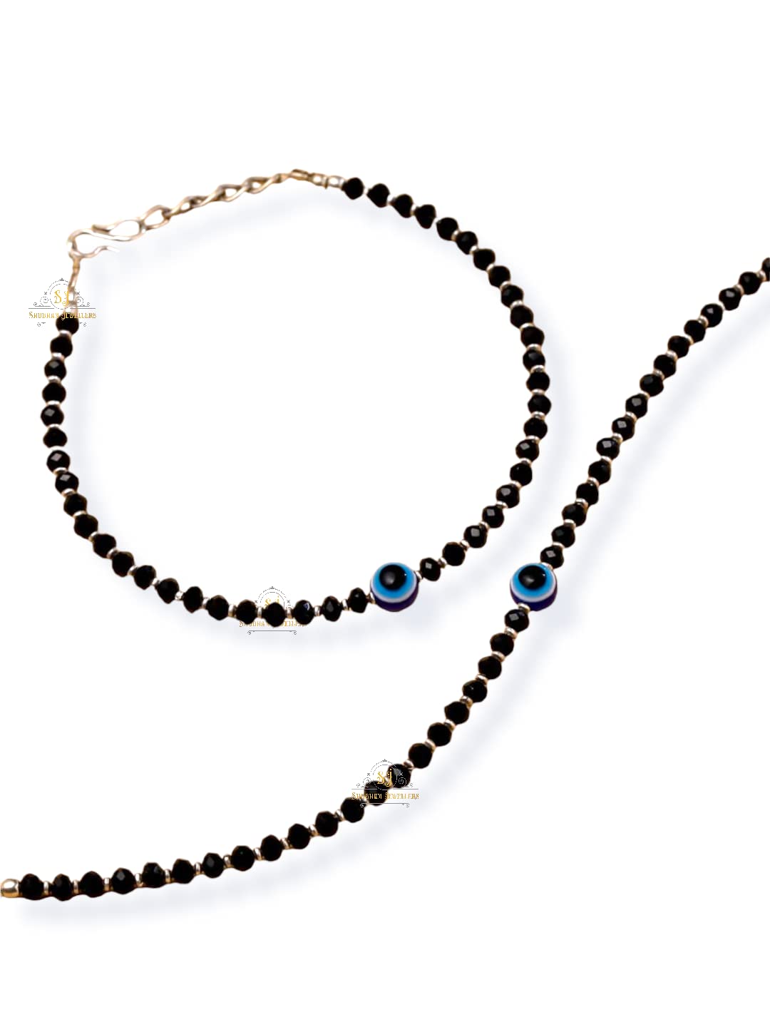 SJ SHUBHAM JEWELLERS™ Pure 925 Sterling Silver Small Crystal Beads Nazariya Anklet Payal for Women (Black) Gifts for Women (Pair/ 1 pc/Plain / 5 Ball Payal)