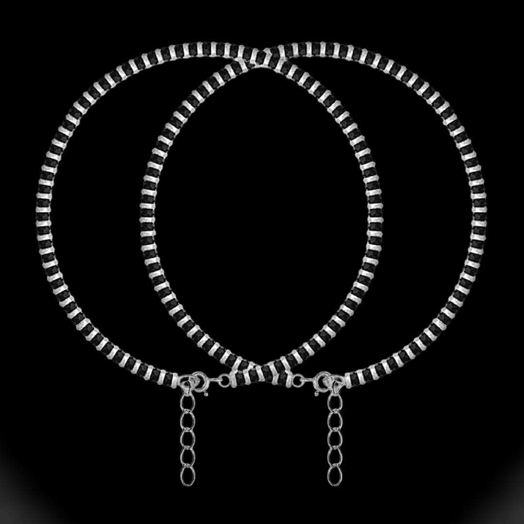 SJ SHUBHAM JEWELLERS™ Pure 925 Sterling Silver Small Crystal Beads Nazariya Anklet Payal for Women (Black) Gifts for Women (Pair/ 1 pc/Plain / 5 Ball Payal)