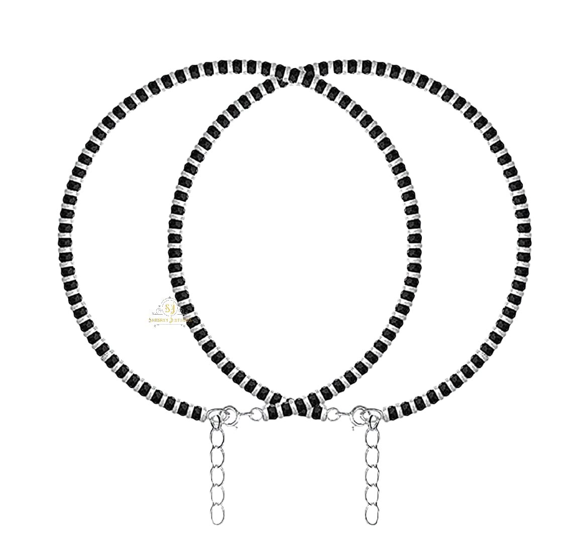 SJ SHUBHAM JEWELLERS™ Pure 925 Sterling Silver Small Crystal Beads Nazariya Anklet Payal for Women (Black) Gifts for Women (Pair/ 1 pc/Plain / 5 Ball Payal)