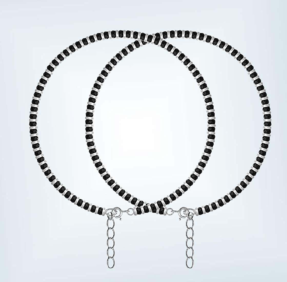 SJ SHUBHAM JEWELLERS™ Pure 925 Sterling Silver Small Crystal Beads Nazariya Anklet Payal for Women (Black) Gifts for Women (Pair/ 1 pc/Plain / 5 Ball Payal)