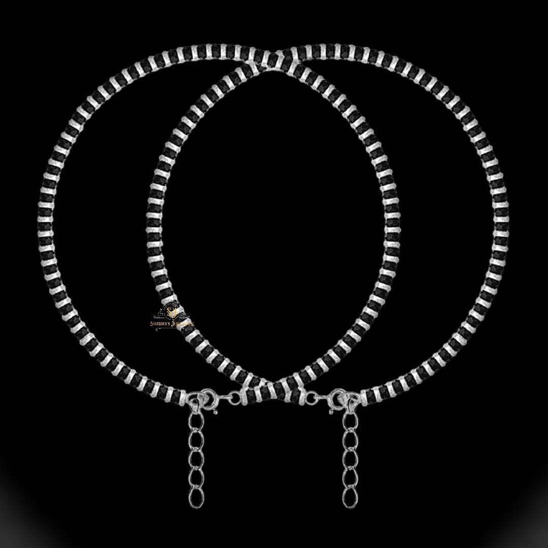 SJ SHUBHAM JEWELLERS™ Pure 925 Sterling Silver Small Crystal Beads Nazariya Anklet Payal for Women (Black) Gifts for Women (Pair/ 1 pc/Plain / 5 Ball Payal)