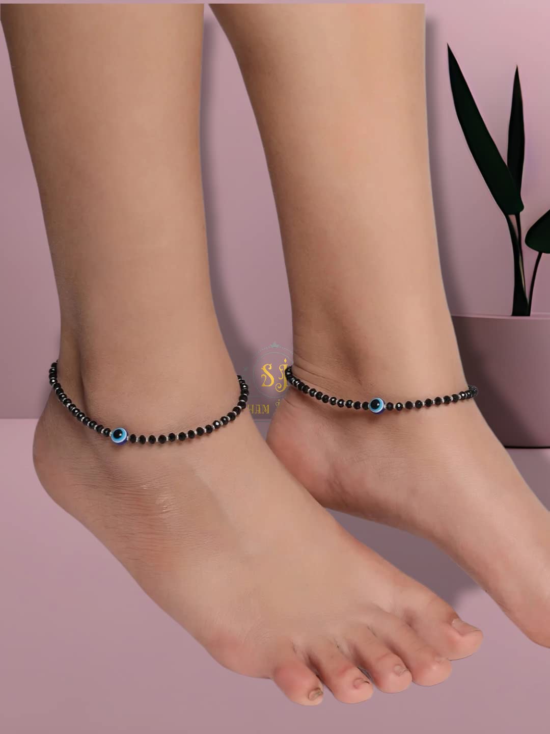 SJ SHUBHAM JEWELLERS™ Pure 925 Sterling Silver Small Crystal Beads Nazariya Anklet Payal for Women (Black) Gifts for Women (Pair/ 1 pc/Plain / 5 Ball Payal)