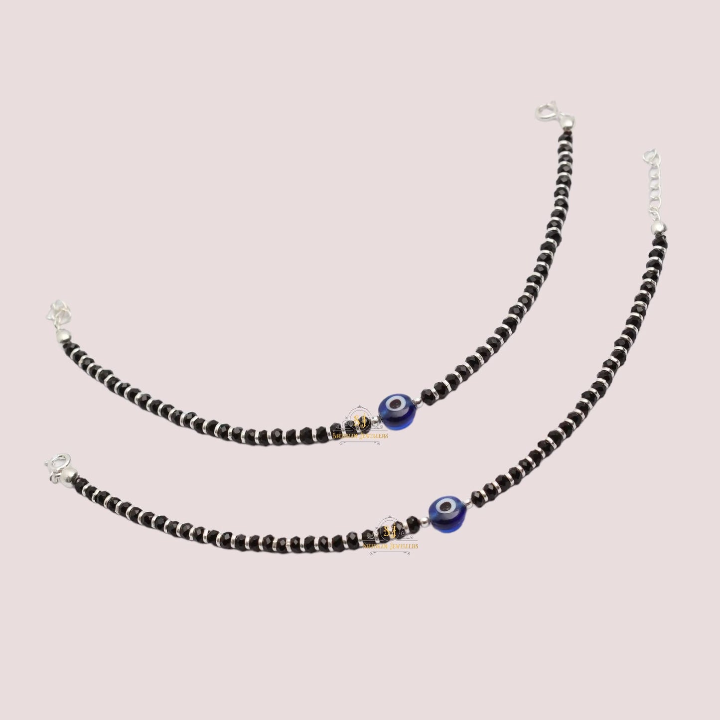 SJ SHUBHAM JEWELLERS™ Pure 925 Sterling Silver Small Crystal Beads Nazariya Anklet Payal for Women (Black) Gifts for Women (Pair/ 1 pc/Plain / 5 Ball Payal)