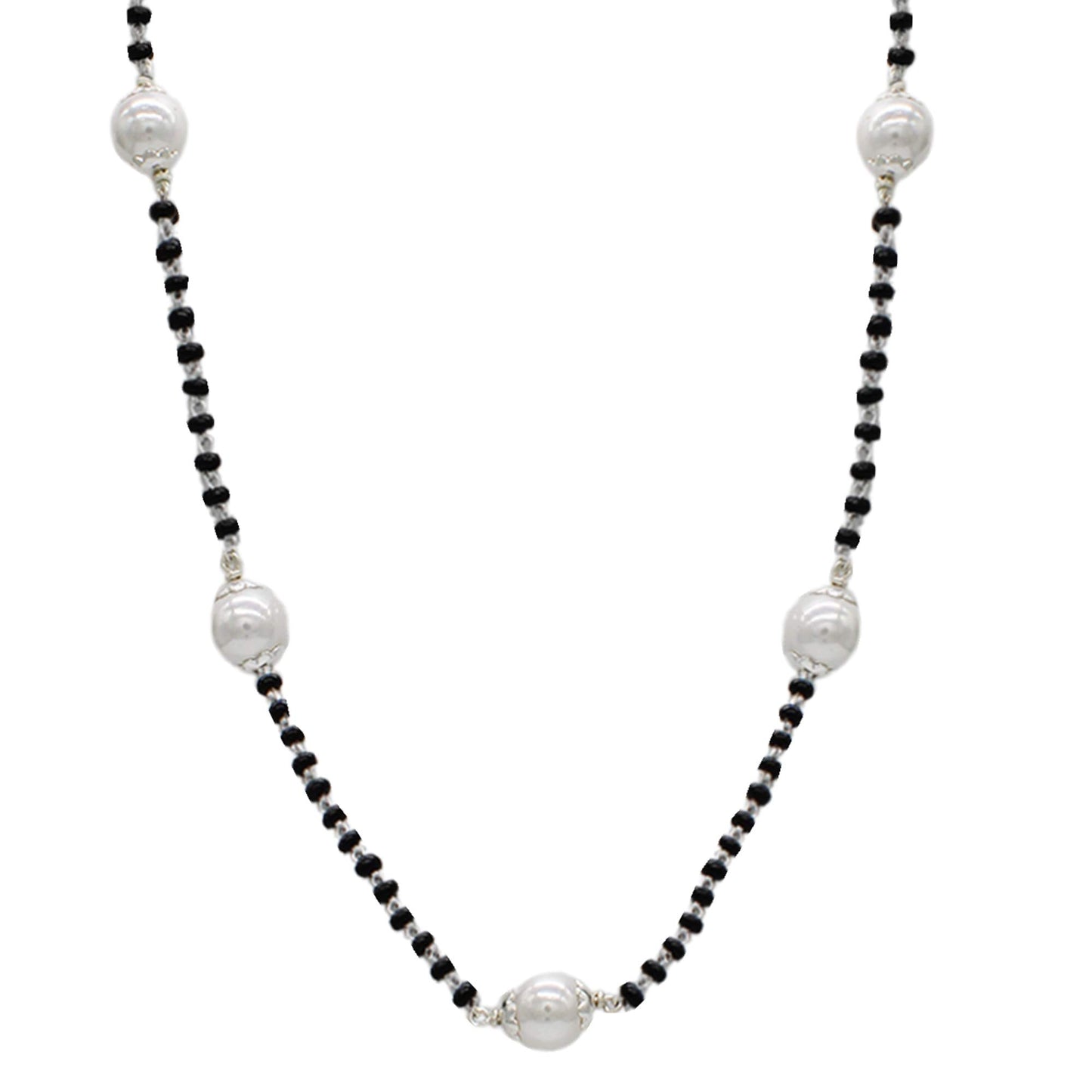 SJ SHUBHAM JEWELLERS Rehti 925 Sterling Silver Mangalsutra with Pearl & Black Beeds Crystal Chain for Women - Party Casual Wear - JewelYaari By Shubham Jewellers