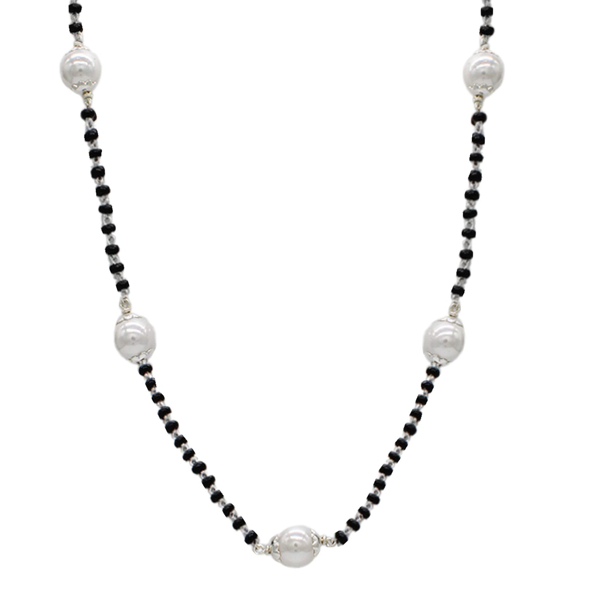 SJ SHUBHAM JEWELLERS Rehti 925 Sterling Silver Mangalsutra with Pearl & Black Beeds Crystal Chain for Women - Party Casual Wear - JewelYaari By Shubham Jewellers