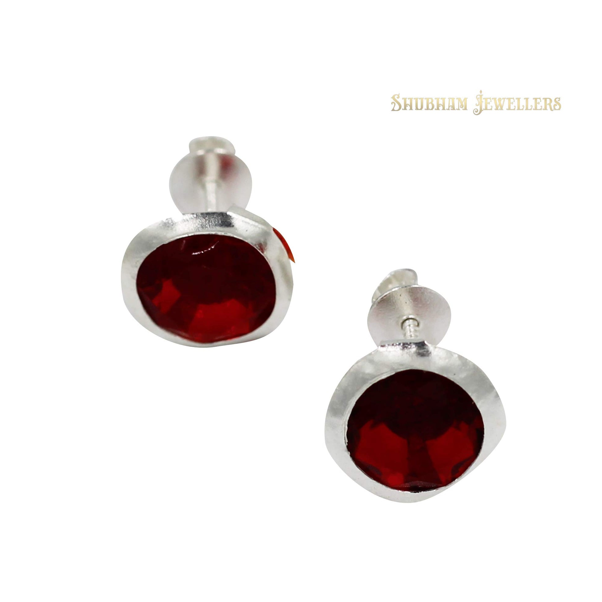 SJ SHUBHAM JEWELLERS Rehti 925-92.5 Sterling Silver Brilliant Cut Red Real Cubic Zirconia Fashion Stud Tops Earrings For Men,Women,Children,Boys and Girls - JewelYaari By Shubham Jewellers