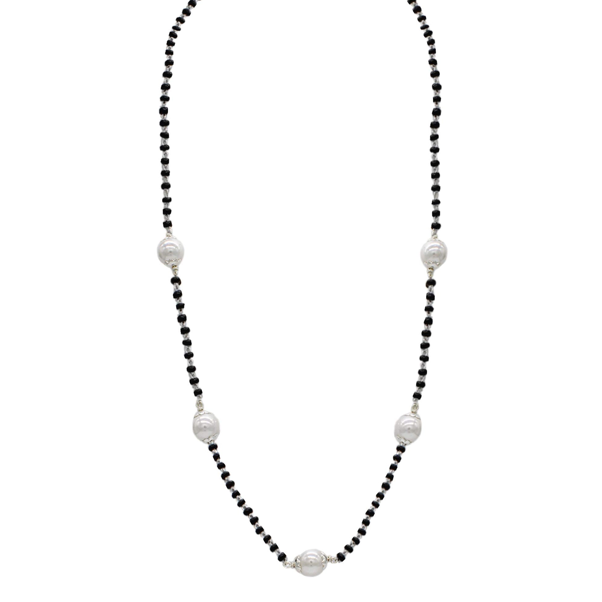 SJ SHUBHAM JEWELLERS Rehti 925 Sterling Silver Mangalsutra with Pearl & Black Beeds Crystal Chain for Women - Party Casual Wear - JewelYaari By Shubham Jewellers