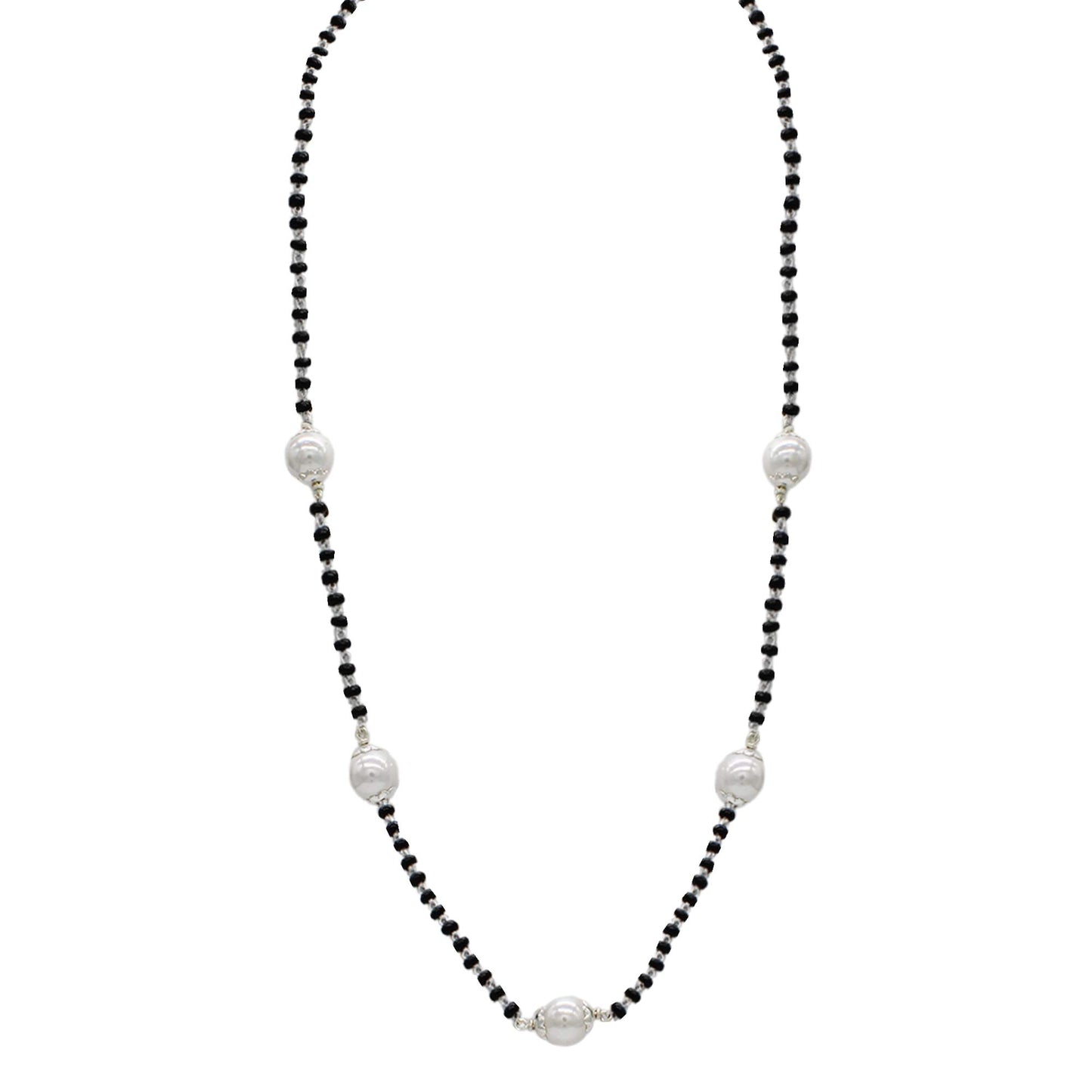 SJ SHUBHAM JEWELLERS Rehti 925 Sterling Silver Mangalsutra with Pearl & Black Beeds Crystal Chain for Women - Party Casual Wear - JewelYaari By Shubham Jewellers