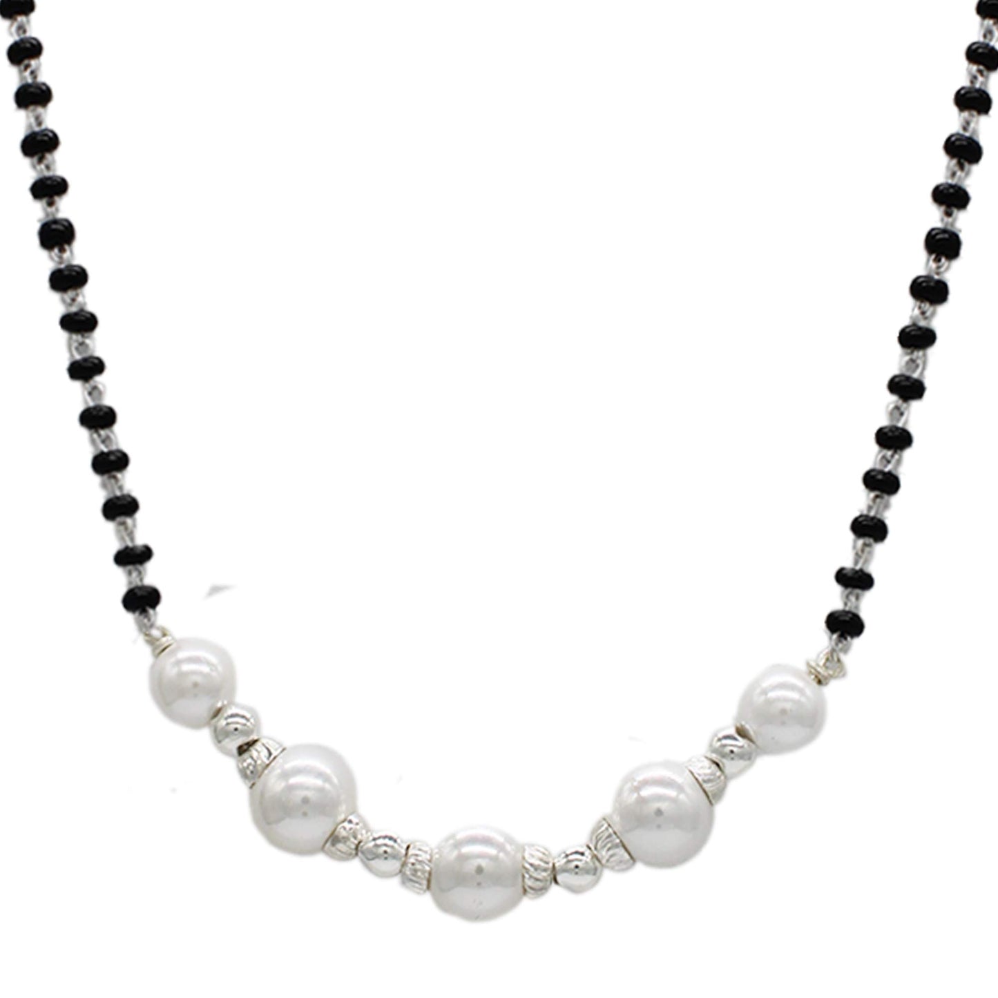 SJ SHUBHAM JEWELLERS™ 925 Sterling Silver Mangalsutra with Pearl & Black Beeds Crystal Chain for Women Studded Mangalsutra Necklace - JewelYaari By Shubham Jewellers