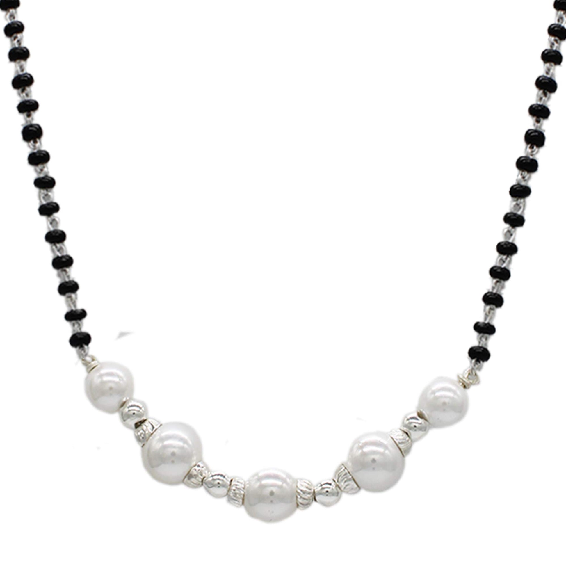 SJ SHUBHAM JEWELLERS™ 925 Sterling Silver Mangalsutra with Pearl & Black Beeds Crystal Chain for Women Studded Mangalsutra Necklace - JewelYaari By Shubham Jewellers