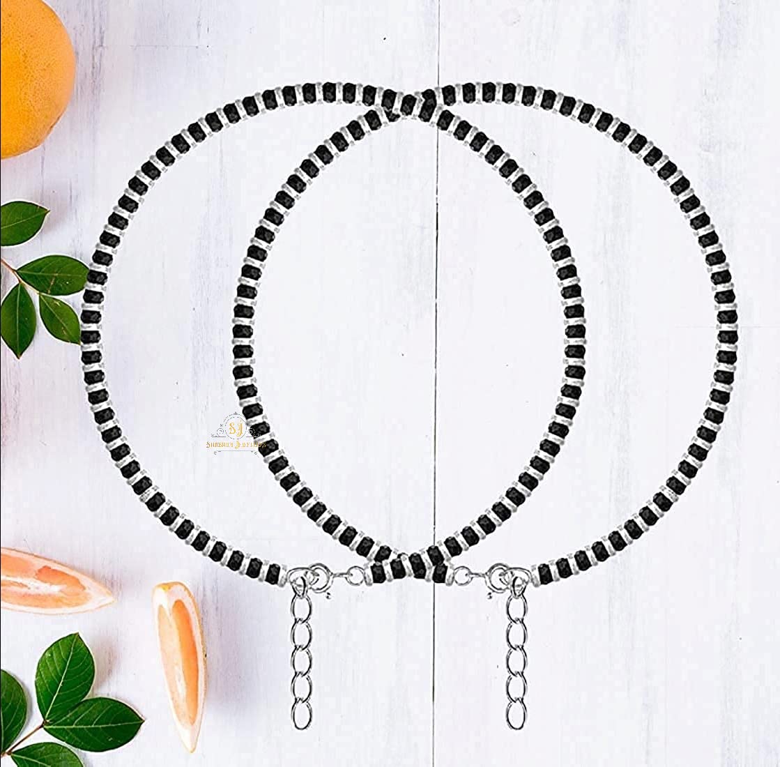 SJ SHUBHAM JEWELLERS™ Pure 925 Sterling Silver Small Crystal Beads Nazariya Anklet Payal for Women (Black) Gifts for Women (Pair/ 1 pc/Plain / 5 Ball Payal)