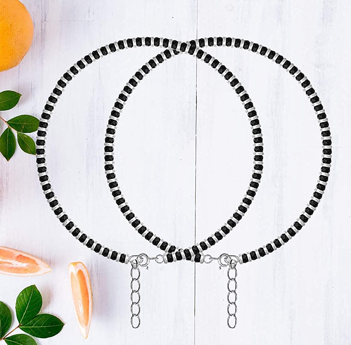 SJ SHUBHAM JEWELLERS™ Pure 925 Sterling Silver Small Crystal Beads Nazariya Anklet Payal for Women (Black) Gifts for Women (Pair/ 1 pc/Plain / 5 Ball Payal)