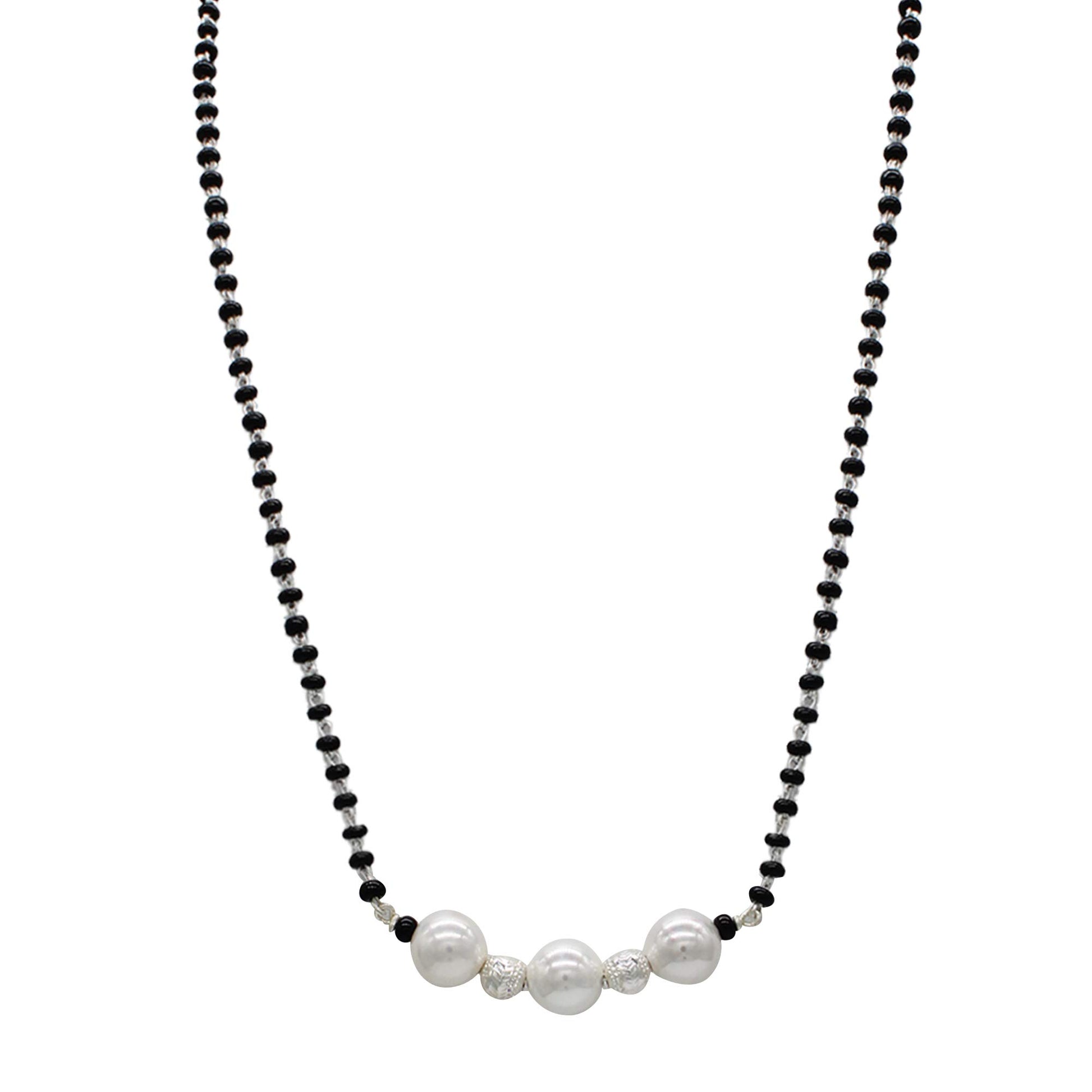 SJ SHUBHAM JEWELLERS™ 925 Sterling Silver Mangalsutra with Pearl & Black Beeds Crystal Chain for Women Studded Mangalsutra Necklace - JewelYaari By Shubham Jewellers