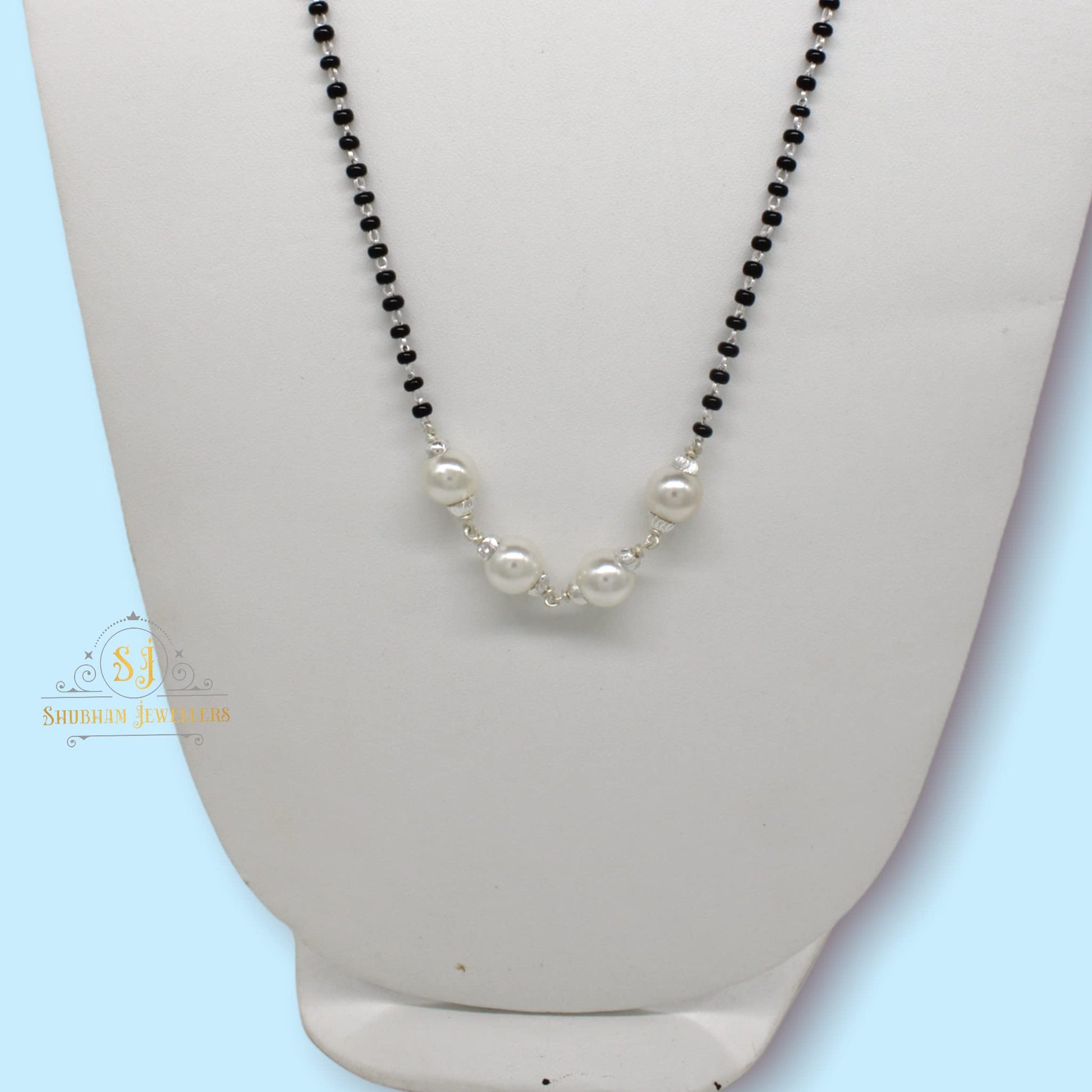 SJ SHUBHAM JEWELLERS™ 925 Sterling Silver Mangalsutra with Pearl & Black Beeds Crystal Chain for Women Studded Mangalsutra Necklace - JewelYaari By Shubham Jewellers