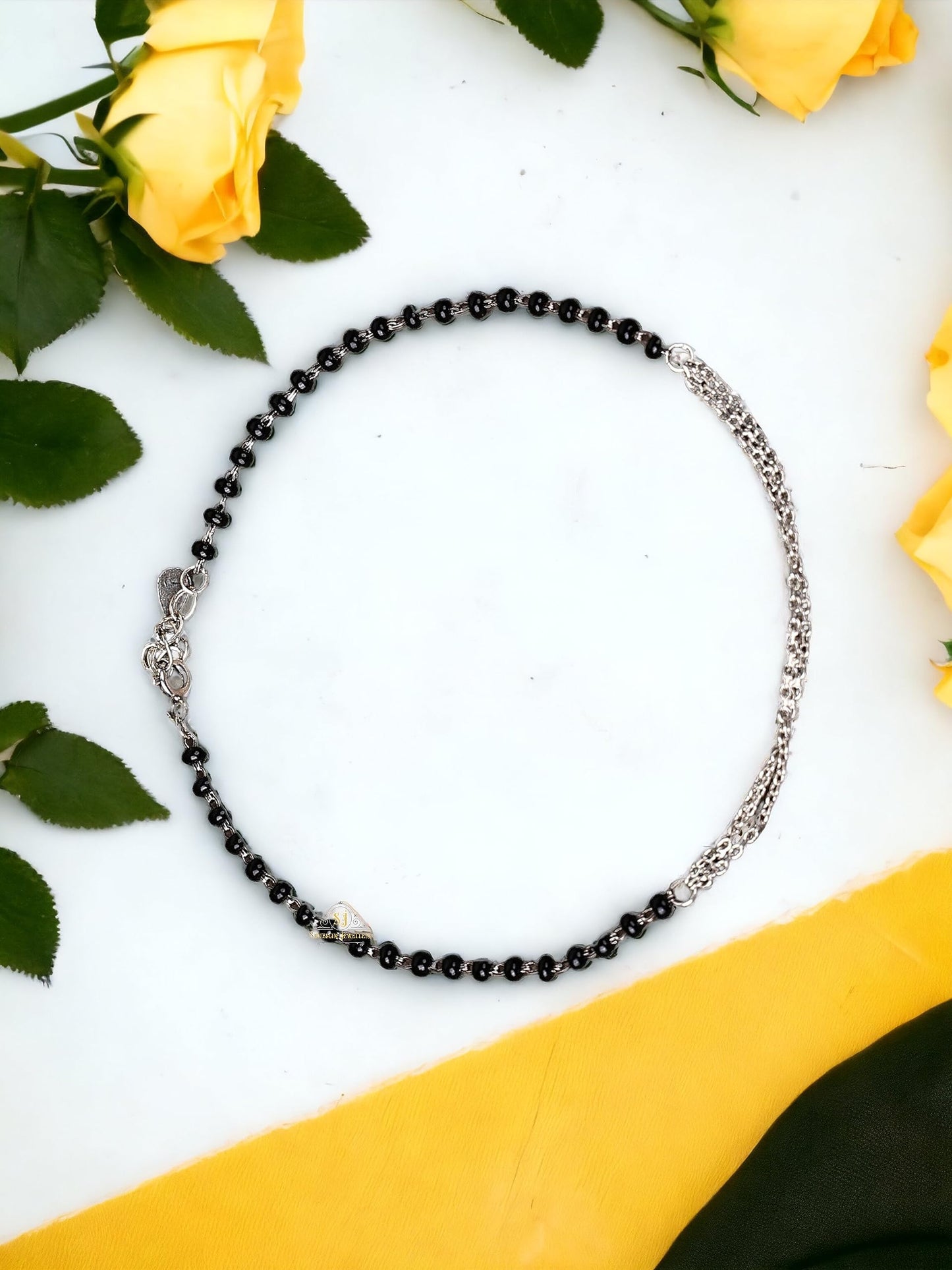 SJ SHUBHAM JEWELLERS™ Pure 925 Sterling Silver Small Crystal Beads Nazariya Anklet Payal for Women (Black) Gifts for Women (Pair/ 1 pc/Plain / 5 Ball Payal)