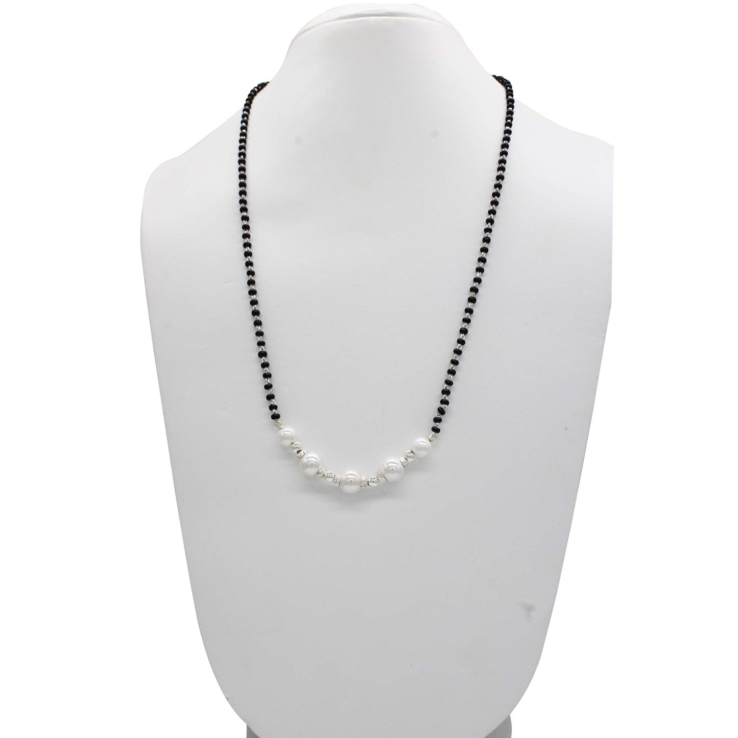 SJ SHUBHAM JEWELLERS™ 925 Sterling Silver Mangalsutra with Pearl & Black Beeds Crystal Chain for Women Studded Mangalsutra Necklace - JewelYaari By Shubham Jewellers