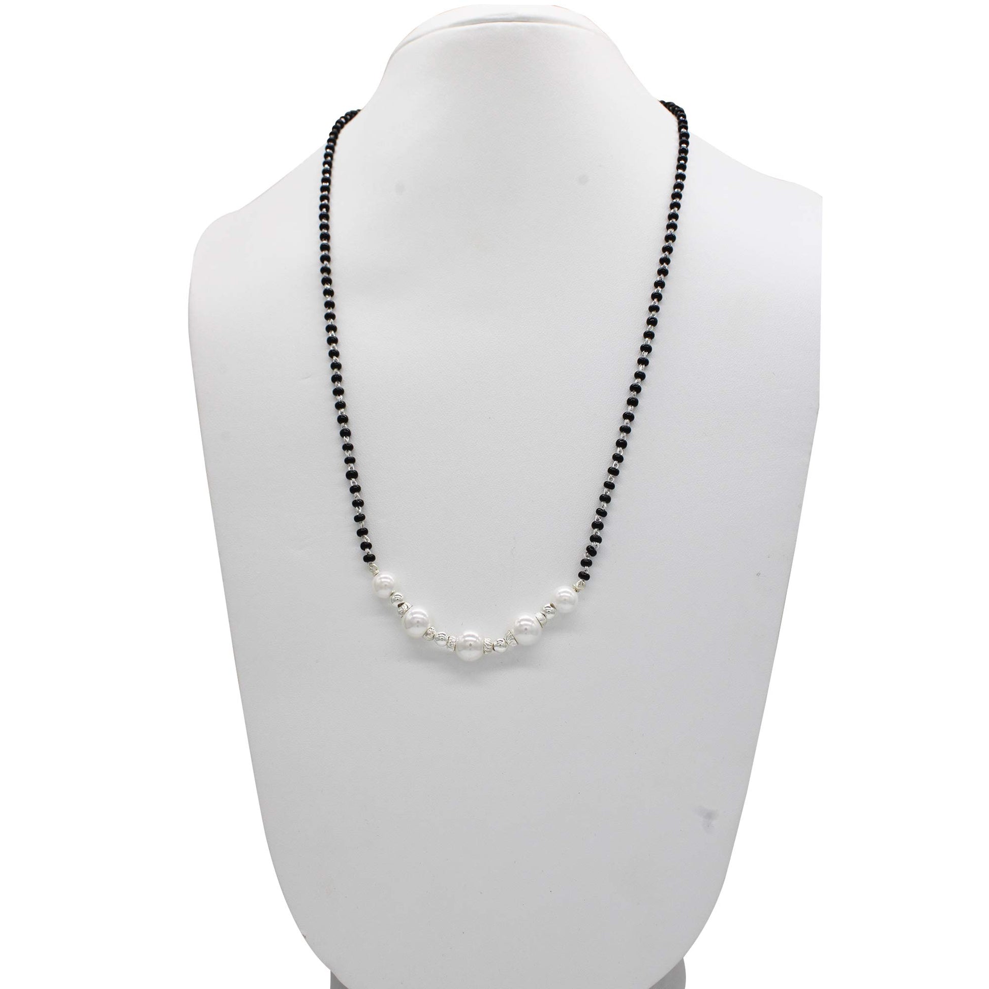 SJ SHUBHAM JEWELLERS™ 925 Sterling Silver Mangalsutra with Pearl & Black Beeds Crystal Chain for Women Studded Mangalsutra Necklace - JewelYaari By Shubham Jewellers