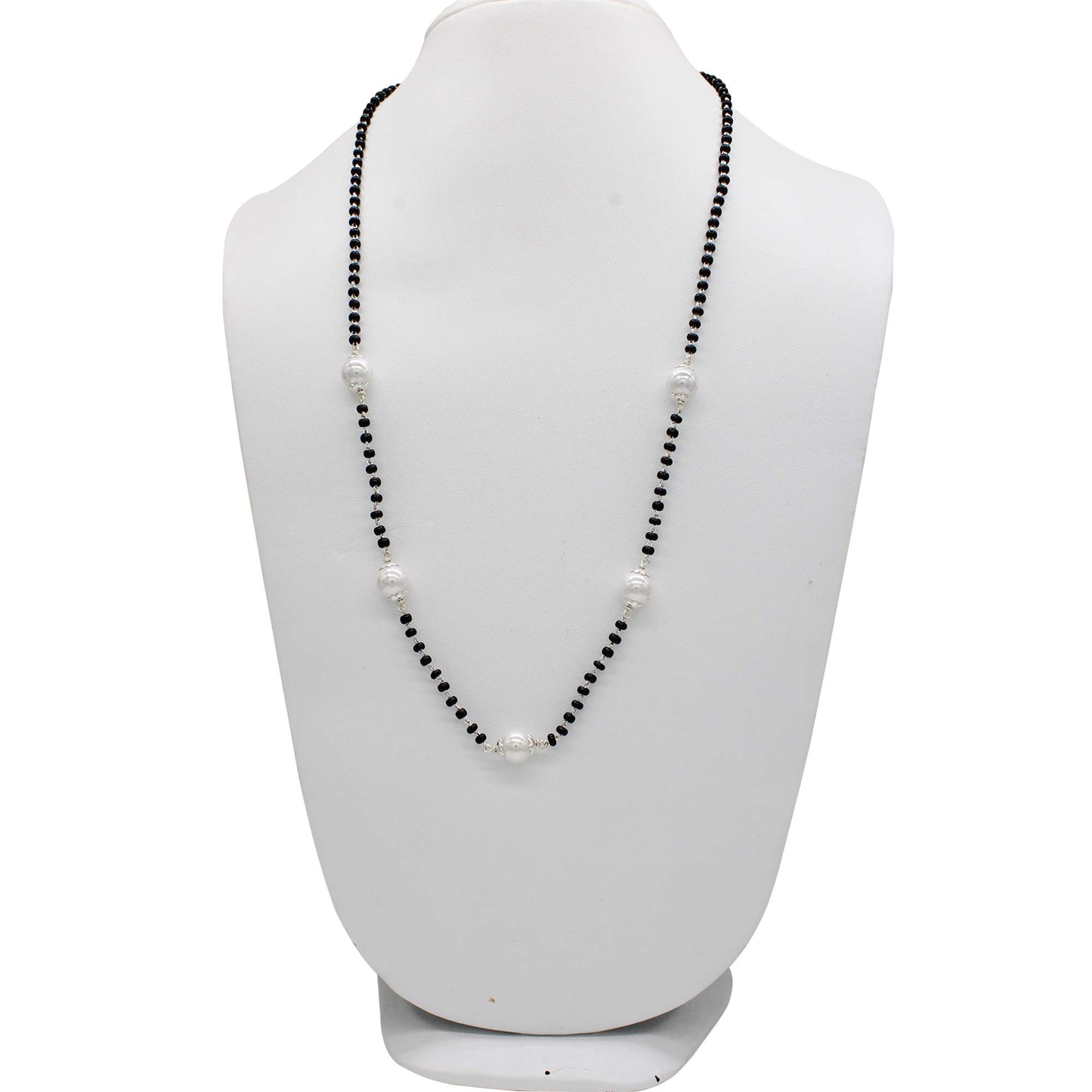 SJ SHUBHAM JEWELLERS Rehti 925 Sterling Silver Mangalsutra with Pearl & Black Beeds Crystal Chain for Women - Party Casual Wear - JewelYaari By Shubham Jewellers