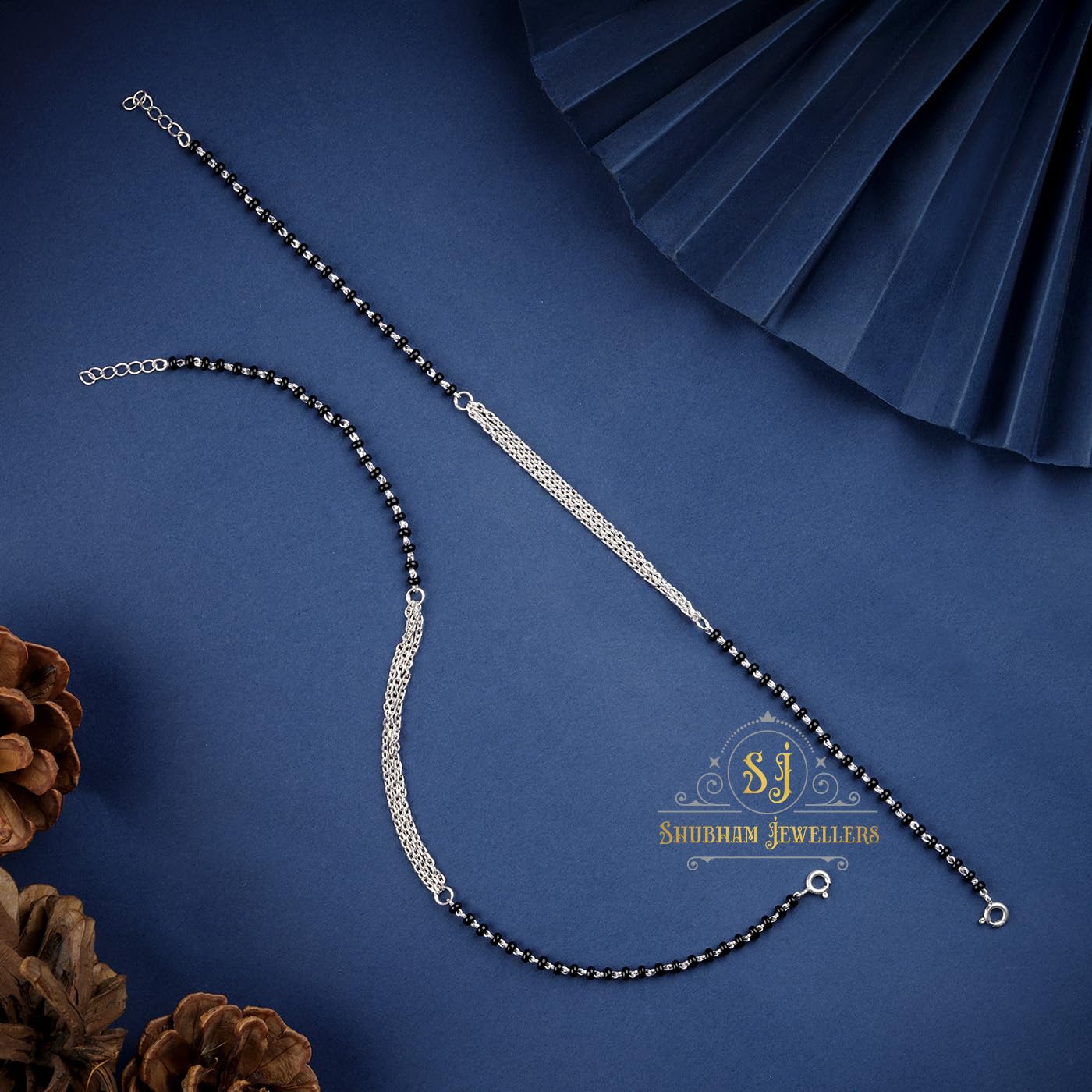 SJ SHUBHAM JEWELLERS™ Pure 925 Sterling Silver Small Crystal Beads Nazariya Anklet Payal for Women (Black) Gifts for Women (Pair/ 1 pc/Plain / 5 Ball Payal)